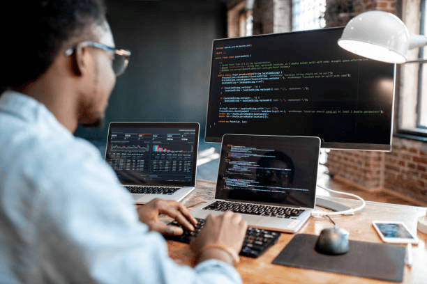 Developer working with code and API dashboards